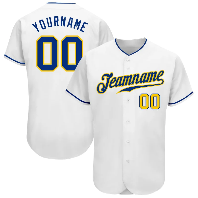 Baseball Jersey With Crop Top Style-Custom White Royal-Gold Authentic Baseball Jersey