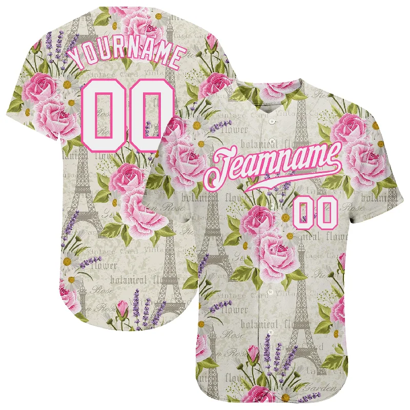 Baseball Jersey With Unmatched Comfort-Custom White White-Pink 3D Pattern Design Floral Pattern With The Eiffel Tower Authentic Baseball Jersey