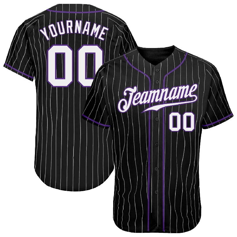 Baseball Jersey With Black And White Print-Custom Black White Pinstripe White-Purple Authentic Baseball Jersey