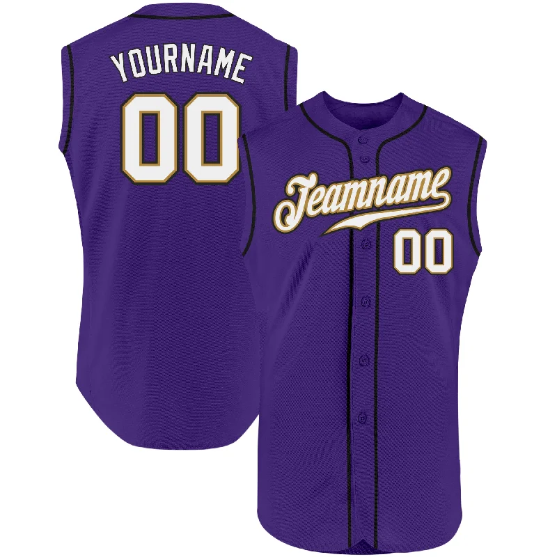 Baseball Jersey With Stretch Fit-Custom Purple White-Old Gold Authentic Sleeveless Baseball Jersey