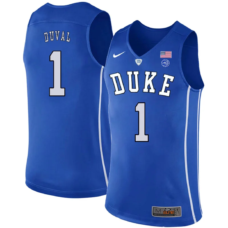 Basketball Jersey With Personalized Embroidery-Duke Blue Devils 1 Trevon Duval Blue College Basketabll Basketball Jersey