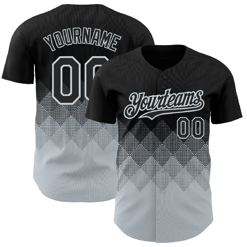 Authentic Baseball Jersey-Custom Black Silver 3D Pattern Design Gradient Square Shapes Authentic Baseball Jersey