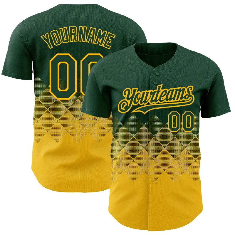 Baseball Jersey With Street Style Look-Custom Green Gold 3D Pattern Design Gradient Square Shapes Authentic Baseball Jersey