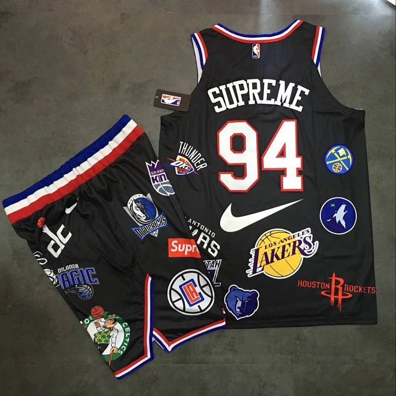 Practice Basketball Jersey-Supreme x x Logos Black Stitched Basketball Basketball Jersey(With Shorts)