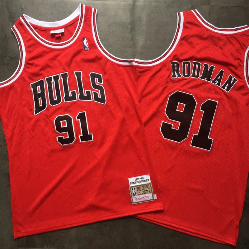 Printed Basketball Jersey-Bulls 91 Dennis Rodman Red 1997-98 Hardwood Classics Mesh Basketball Jersey