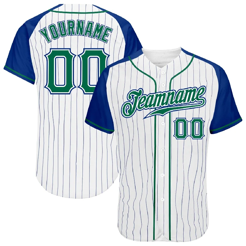 Baseball Jersey With Relaxed Fit-Custom White Royal Pinstripe Kelly Green-Royal Authentic Raglan Sleeves Baseball Jersey