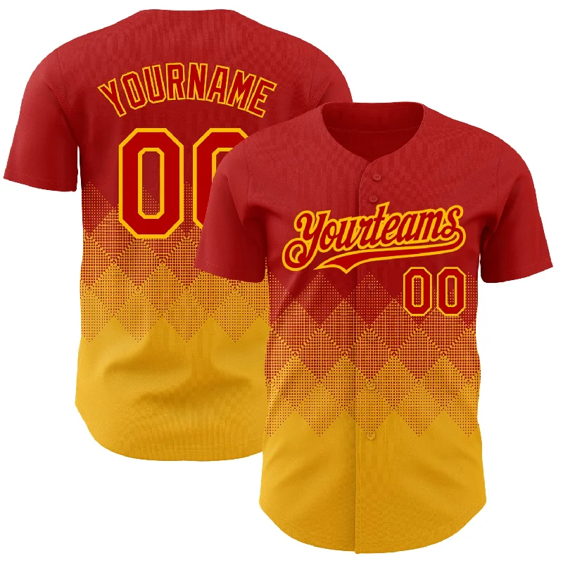 Baseball Jersey With Unbeatable Quality-Custom Red Gold 3D Pattern Design Gradient Square Shapes Authentic Baseball Jersey