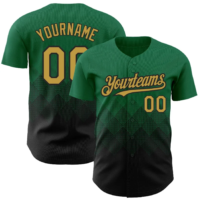 Baseball Jersey With Stretch Fit-Custom Kelly Green Old Gold-Black 3D Pattern Design Gradient Square Shapes Authentic Baseball Jersey