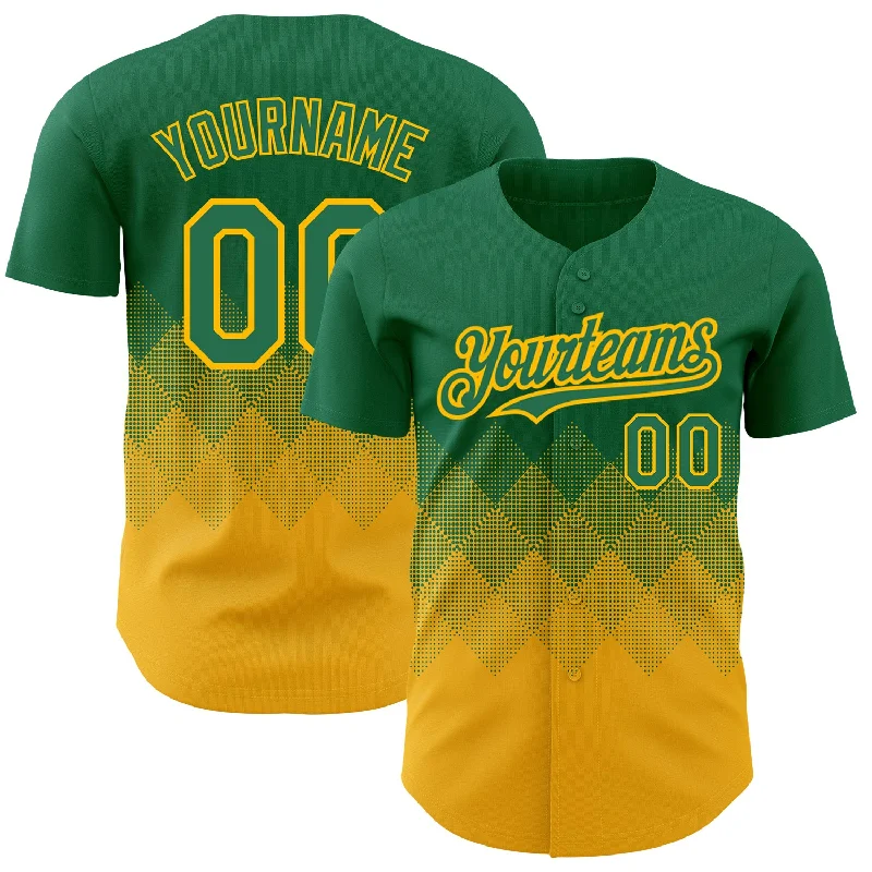 Baseball Jersey With Tapered Fit-Custom Kelly Green Gold 3D Pattern Design Gradient Square Shapes Authentic Baseball Jersey