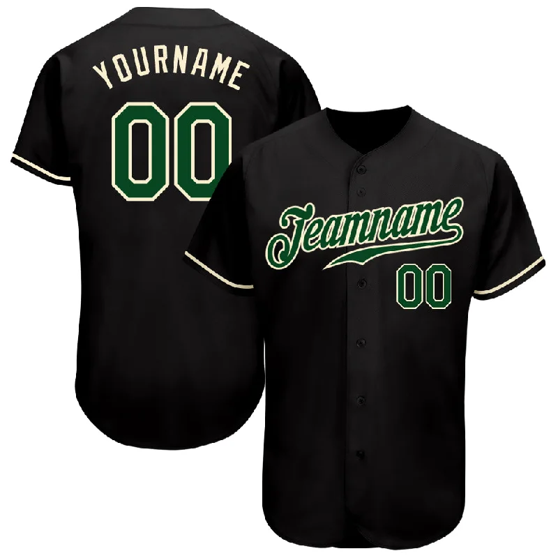 Baseball Jersey With Hand-Drawn Illustrations-Custom Black Green-Cream Authentic Baseball Jersey