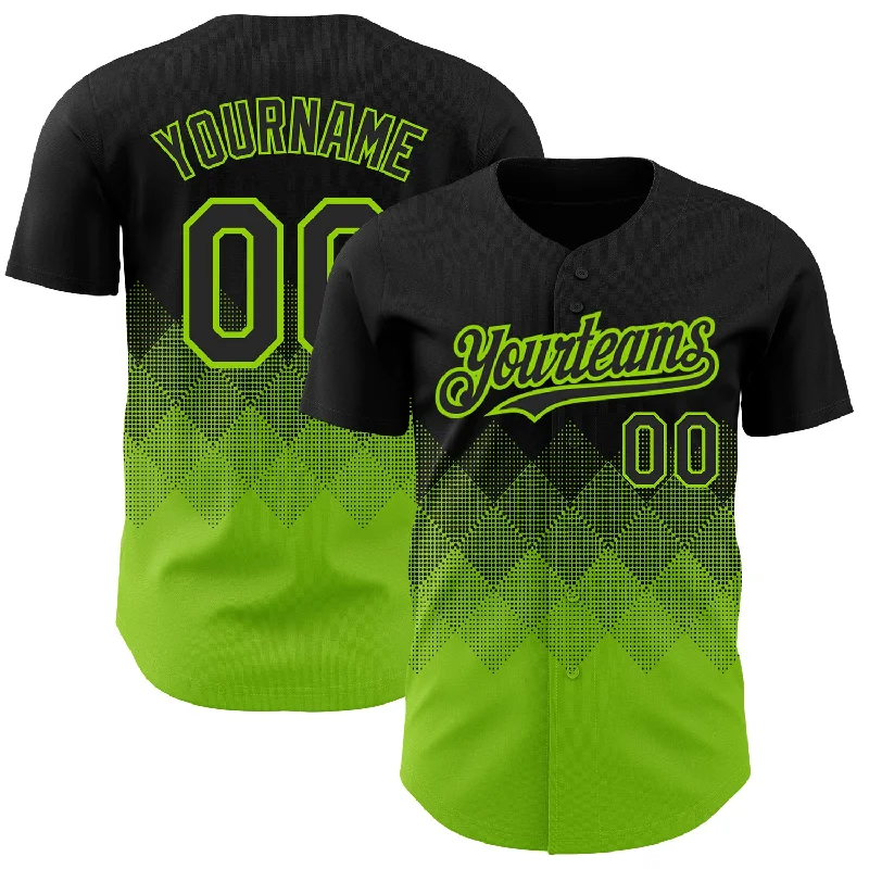 Youth Baseball Jersey-Custom Black Neon Green 3D Pattern Design Gradient Square Shapes Authentic Baseball Jersey