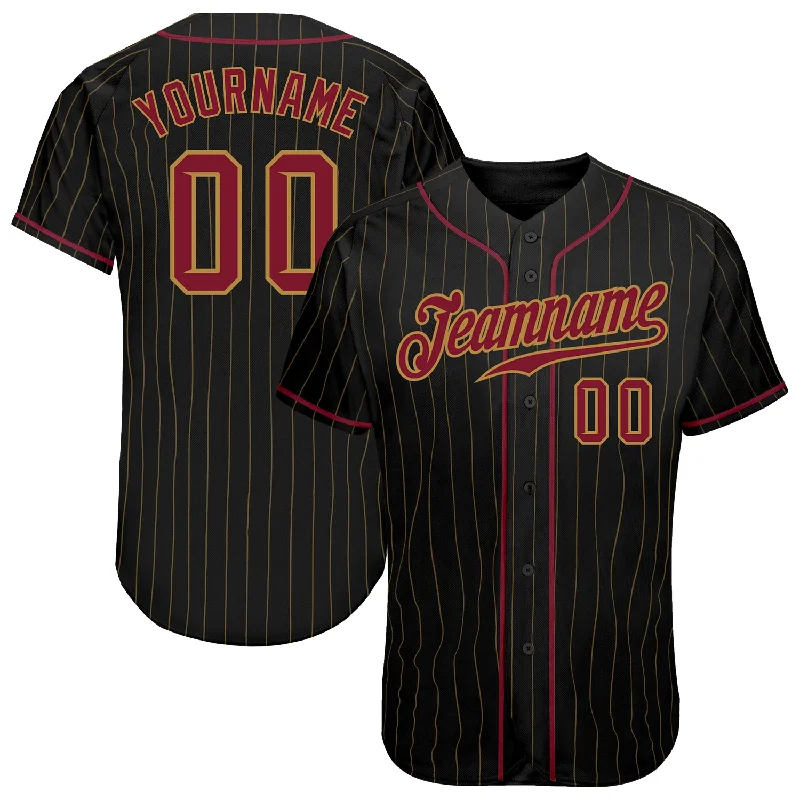 Baseball Jersey With Holographic Elements-Custom Black Old Gold Pinstripe Crimson-Old Gold Authentic Baseball Jersey