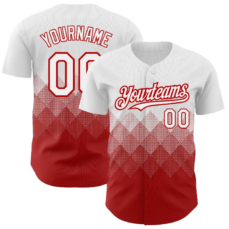 Embroidered Baseball Jersey-Custom White Red 3D Pattern Design Gradient Square Shapes Authentic Baseball Jersey