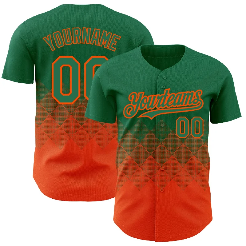 Baseball Jersey With Relaxed Fit-Custom Kelly Green Orange 3D Pattern Design Gradient Square Shapes Authentic Baseball Jersey