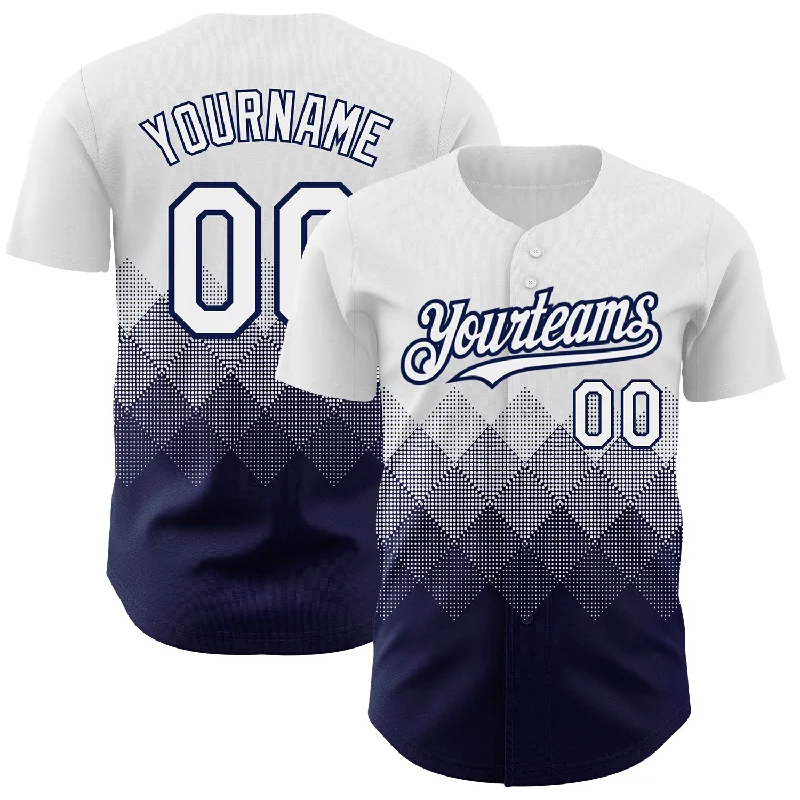 Personalized Baseball Jersey-Custom White Navy 3D Pattern Design Gradient Square Shapes Authentic Baseball Jersey