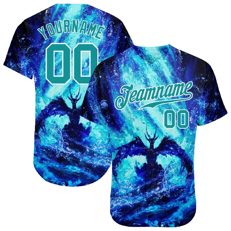 Baseball Jersey For Umpires-Custom Royal Teal-White 3D Pattern Design Water Dragon Authentic Baseball Jersey