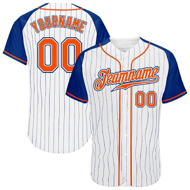 Baseball Jersey With Athletic Cut-Custom White Royal Pinstripe Orange-Royal Authentic Raglan Sleeves Baseball Jersey