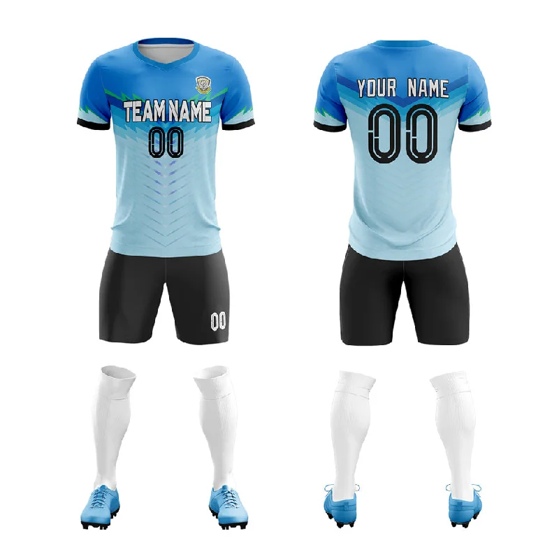 Football Jersey With UV Protection-Custom Blue Light Blue-Black Soft Elasticity Soccer Sets Jersey