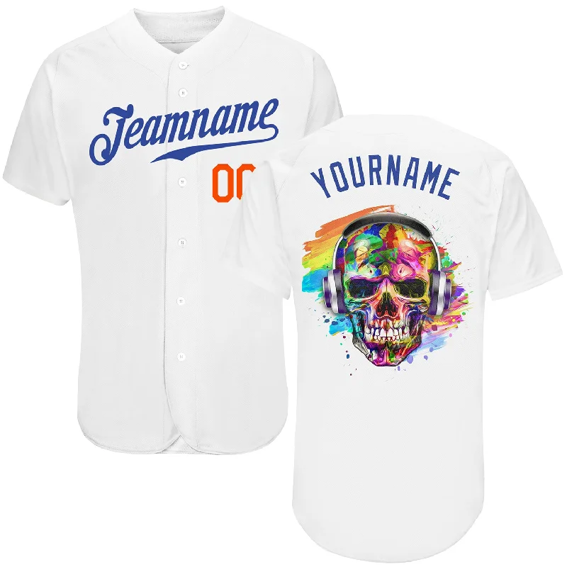 Men's Baseball Jersey-Custom White Royal-Orange Authentic Skull Fashion Baseball Jersey