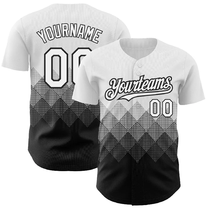 Printed Baseball Jersey-Custom White Black 3D Pattern Design Gradient Square Shapes Authentic Baseball Jersey