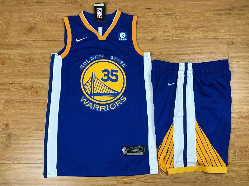 Basketball Jersey With Pastel Hues-Warriors 35 Kevin Durant Blue Swingman Basketball Jersey(With Shorts)