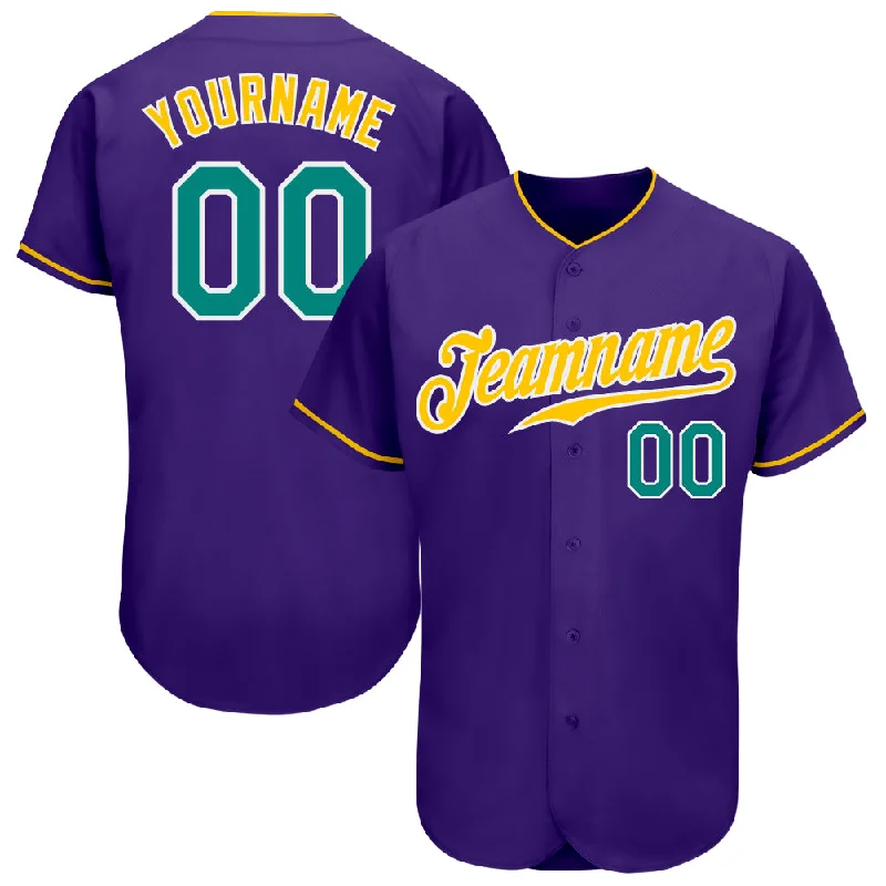 Baseball Jersey With Metallic Print-Custom Purple Aqua-Gold Authentic Baseball Jersey