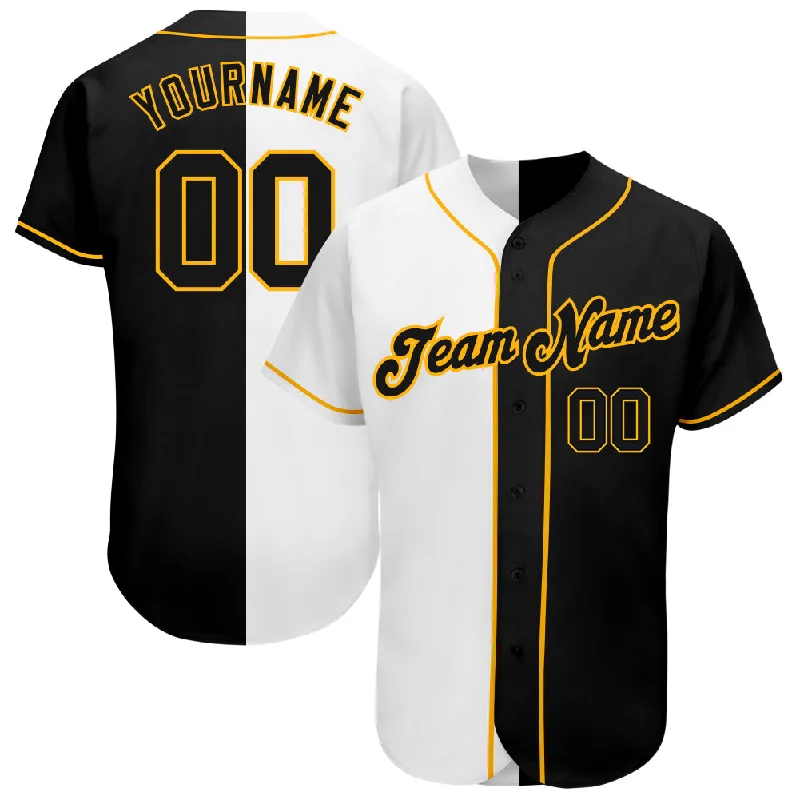 Baseball Jersey With UV Protection-Custom White-Black Gold Authentic Split Fashion Baseball Jersey