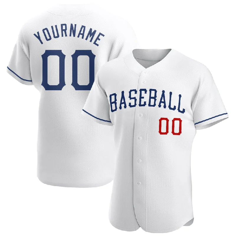 Button-Up Baseball Jersey-Custom White Royal-Red Authentic Baseball Jersey