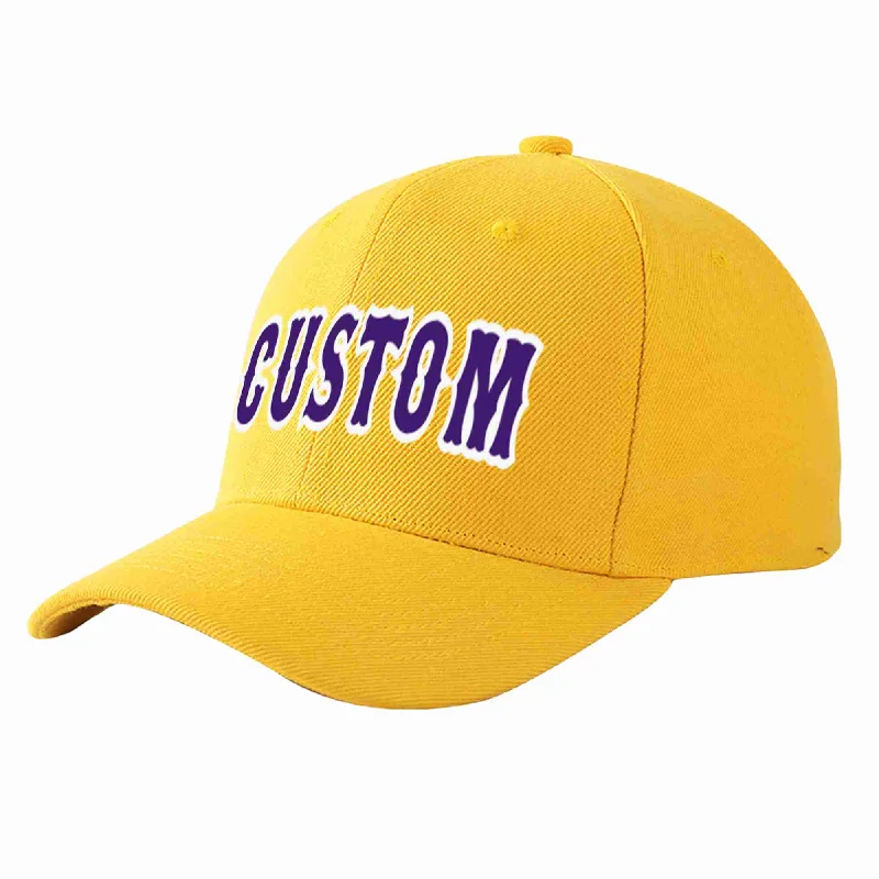 Low Profile Baseball Cap-Custom Gold Purple-White Curved Eaves Sport Baseball Cap Design for Men/Women/Youth