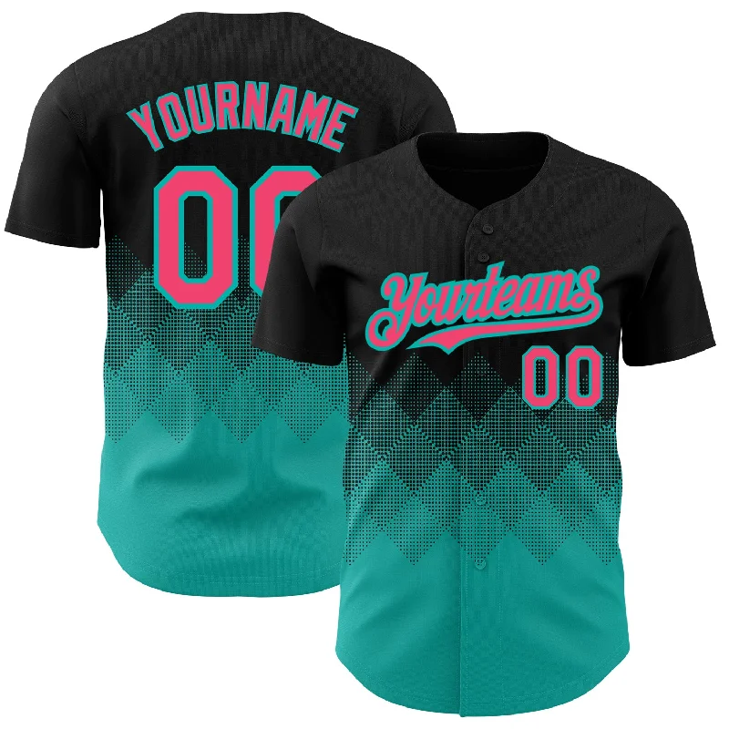 Limited Edition Baseball Jersey-Custom Black Neon Pink-Aqua 3D Pattern Design Gradient Square Shapes Authentic Baseball Jersey