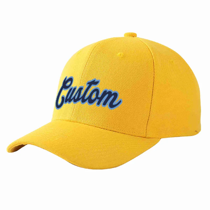 Faux Leather Baseball Cap-Custom Gold Navy-Light Blue Curved Eaves Sport Baseball Cap Design for Men/Women/Youth