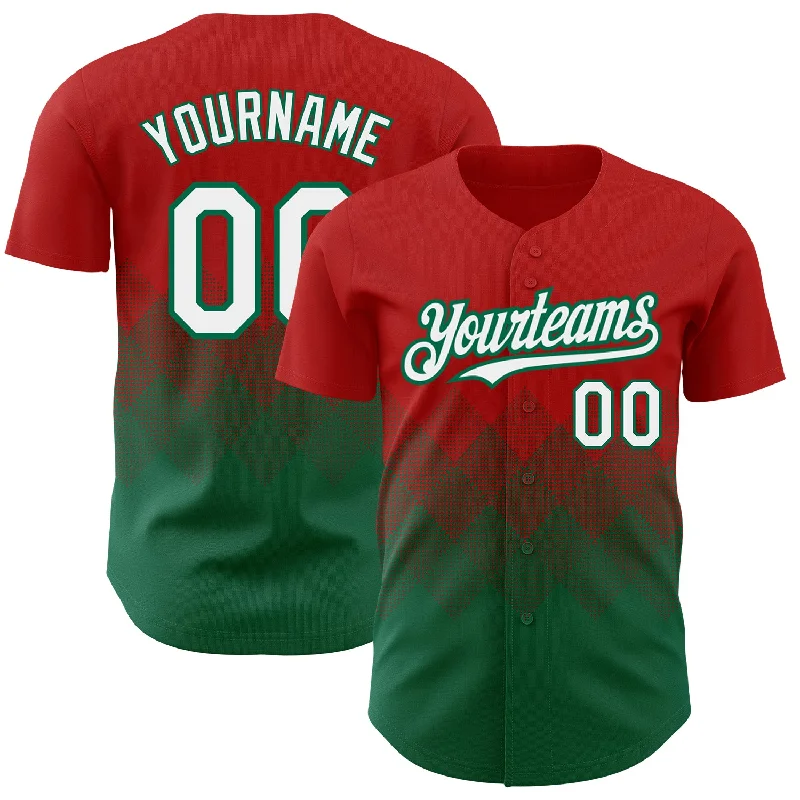 Baseball Jersey With Exceptional Craftsmanship-Custom Red White-Kelly Green 3D Pattern Design Gradient Square Shapes Authentic Baseball Jersey