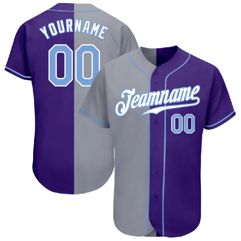 Baseball Jersey With Personalized Embroidery-Custom Purple Light Blue-Gray Authentic Split Fashion Baseball Jersey