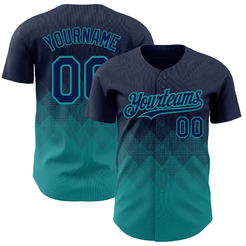 Baseball Jersey With DIY Design-Custom Navy Teal 3D Pattern Design Gradient Square Shapes Authentic Baseball Jersey