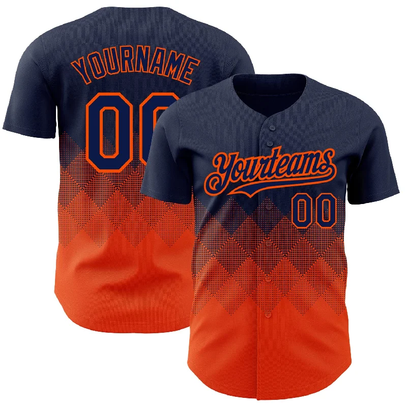 Baseball Jersey With Signature Look-Custom Navy Orange 3D Pattern Design Gradient Square Shapes Authentic Baseball Jersey