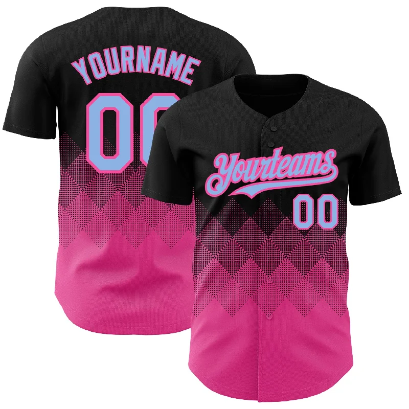 Oversized Baseball Jersey-Custom Black Light Blue-Pink 3D Pattern Design Gradient Square Shapes Authentic Baseball Jersey