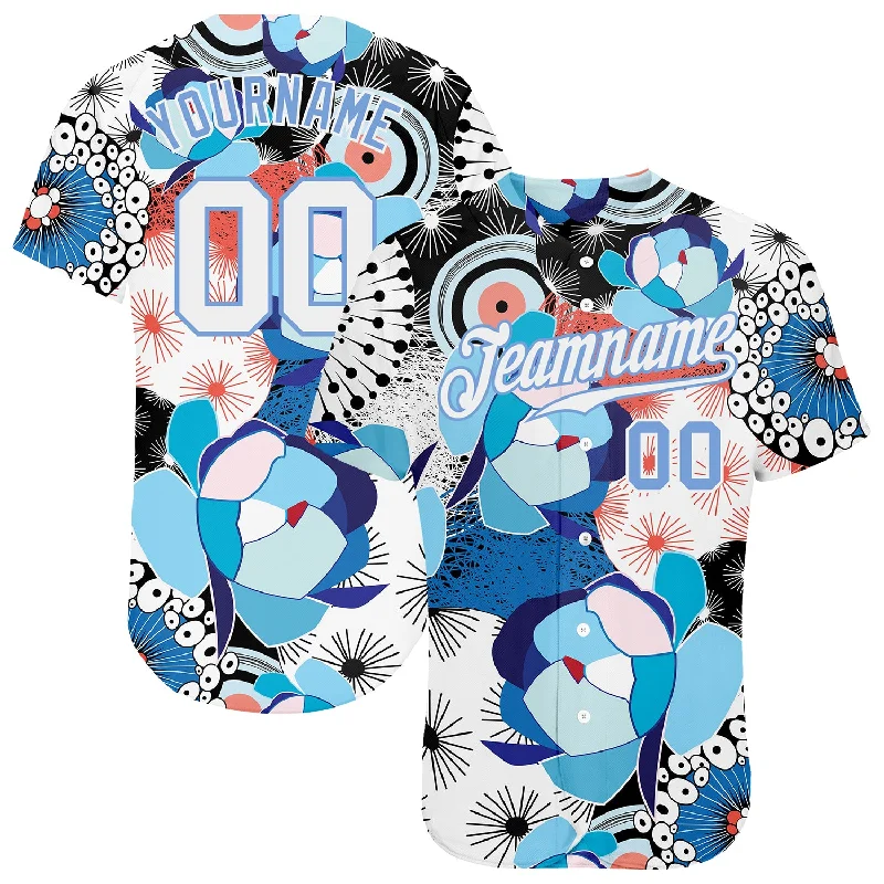 Baseball Jersey With Complete Outfit Set-Custom White White-Light Blue 3D Pattern Design Flowers Authentic Baseball Jersey