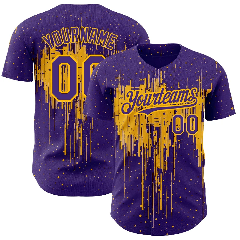 Baseball Jersey For Indoor Games-Custom Purple Gold 3D Pattern Design Dripping Splatter Art Authentic Baseball Jersey