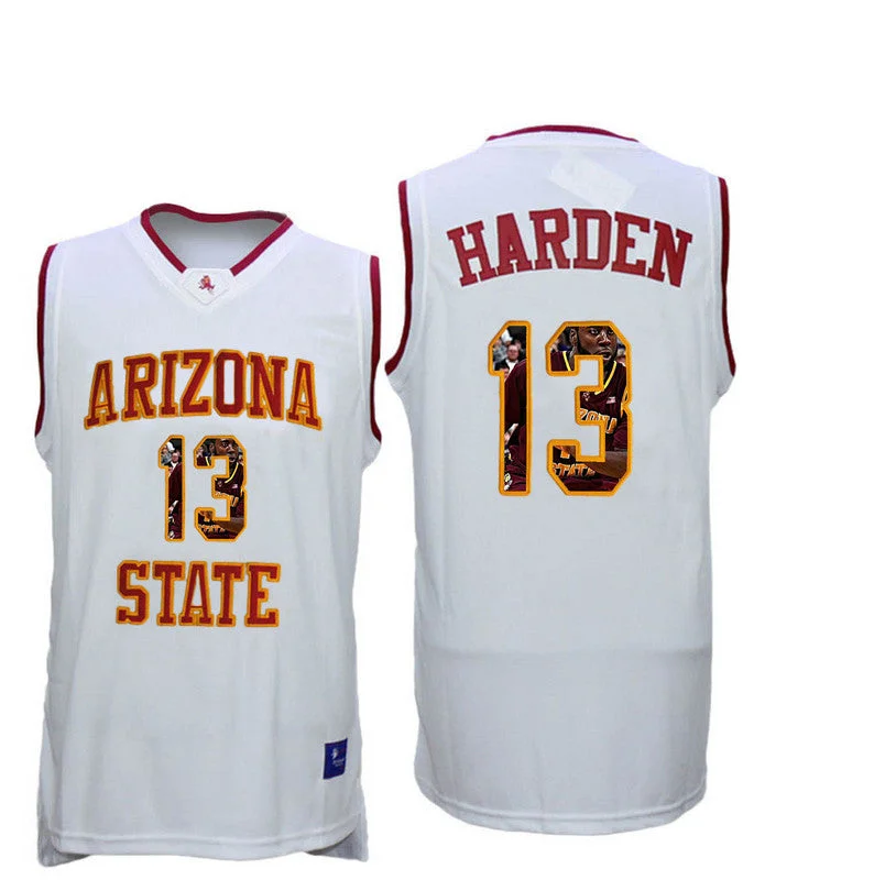 Basketball Jersey With Metallic Shine-Arizona State Sun Devils 13 James Harden White Team Logo Print College Basketball Basketball Jersey