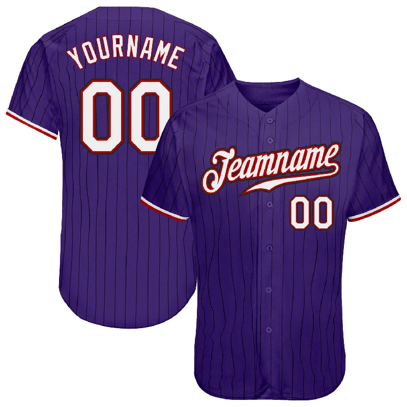 Baseball Jersey For Fans-Custom Purple Black Pinstripe White-Red Authentic Baseball Jersey