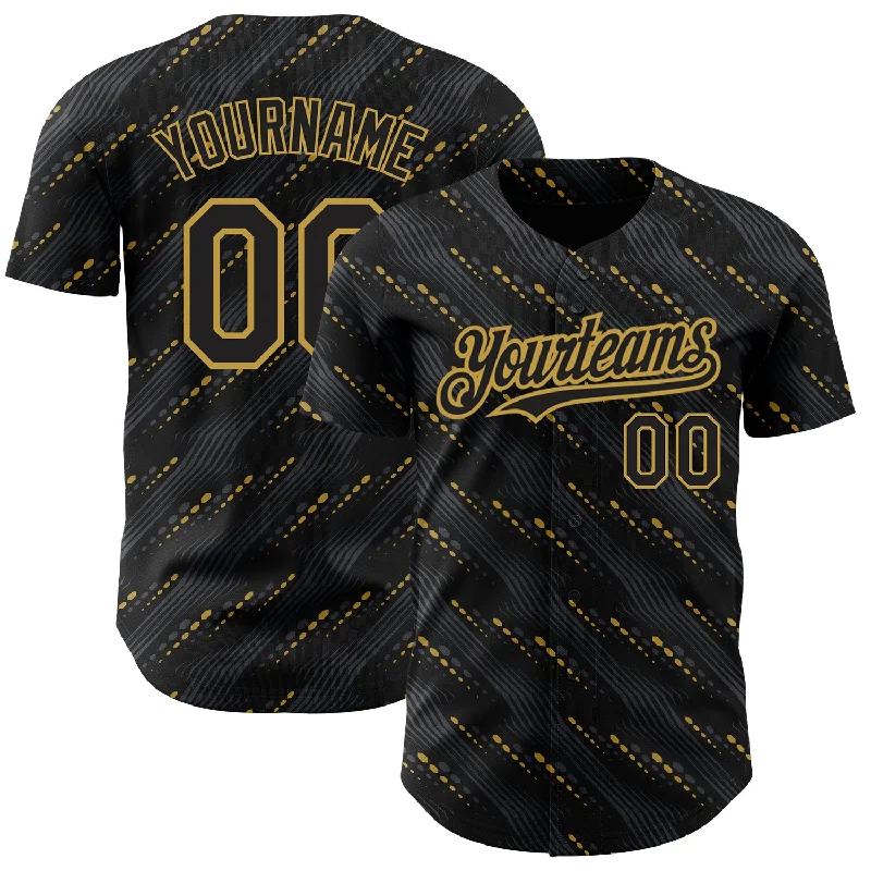 Baseball Jersey With Metallic Print-Custom Black Old Gold 3D Pattern Design Slant Lines Authentic Baseball Jersey