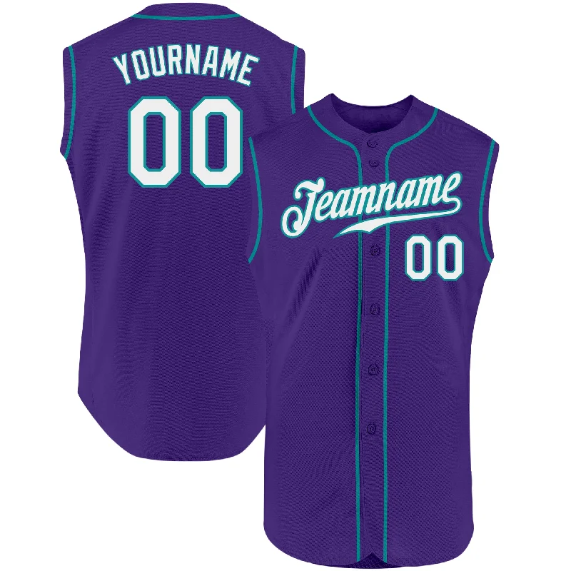 Baseball Jersey With Reflective Material-Custom Purple White-Teal Authentic Sleeveless Baseball Jersey