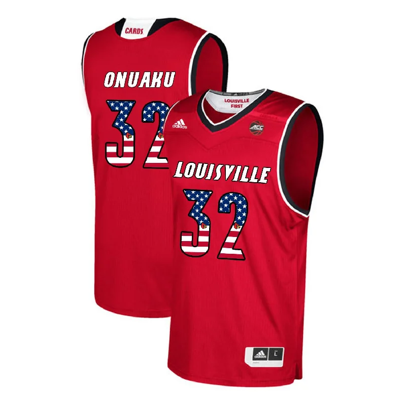 Basketball Jersey With Number-Louisville Cardinals 32 Chinanu Onuaku Red USA Flag College Basketball Basketball Jersey