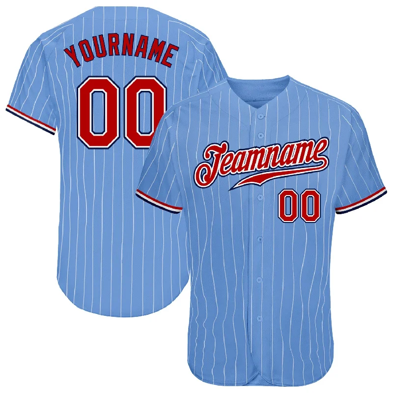 Baseball Jersey With Bright Neon Colors-Custom Light Blue White Pinstripe Red-Navy Authentic Baseball Jersey