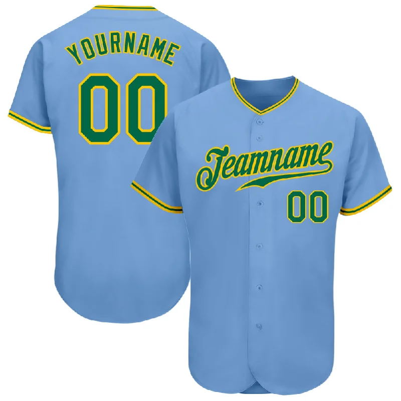 Baseball Jersey With Easy-Care Fabric-Custom Light Blue Kelly Green-Gold Authentic Baseball Jersey