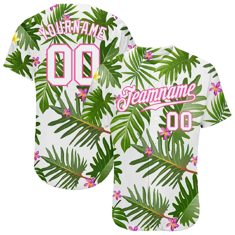 Embroidered Baseball Jersey-Custom White White-Pink 3D Pattern Design Tropical Palm Leaves Authentic Baseball Jersey