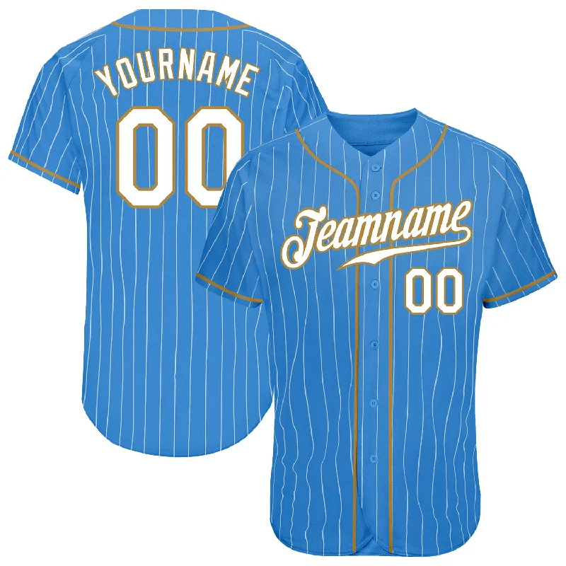 Two-Button Baseball Jersey-Custom Powder Blue White Pinstripe White-Old Gold Authentic Baseball Jersey