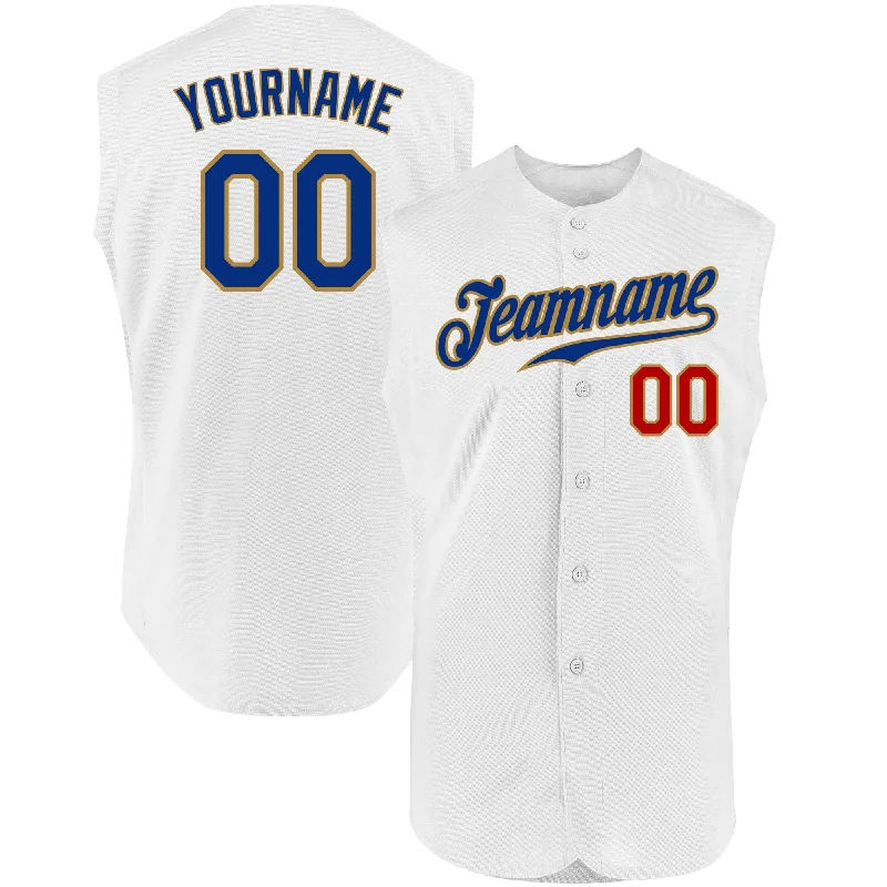 Baseball Jersey With Celebrity Collaboration-Custom White Royal-Old Gold Authentic Sleeveless Baseball Jersey