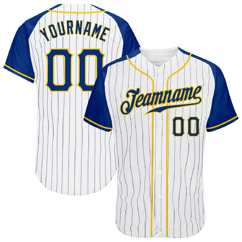 Baseball Jersey With Tapered Fit-Custom White Royal Pinstripe Royal-Gold Authentic Raglan Sleeves Baseball Jersey