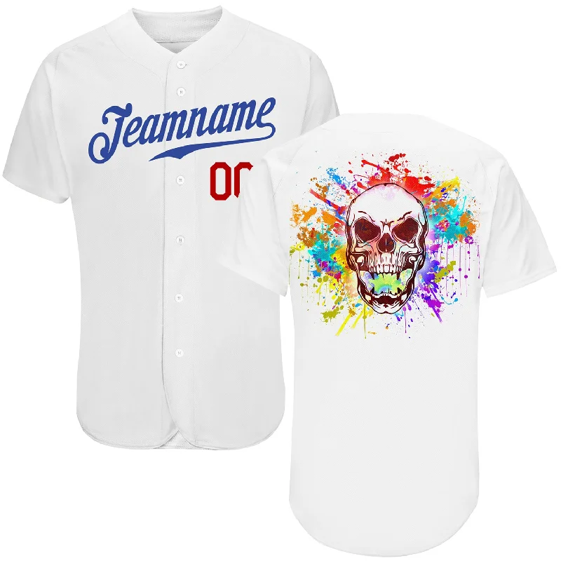 Women's Baseball Jersey-Custom White Royal-Red Authentic Skull Fashion Baseball Jersey